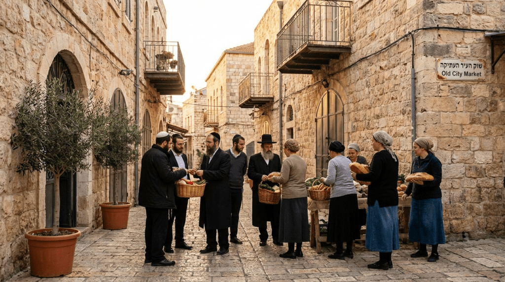 Sunrise illuminates Nazareth's stone buildings and bustling streets with locals.