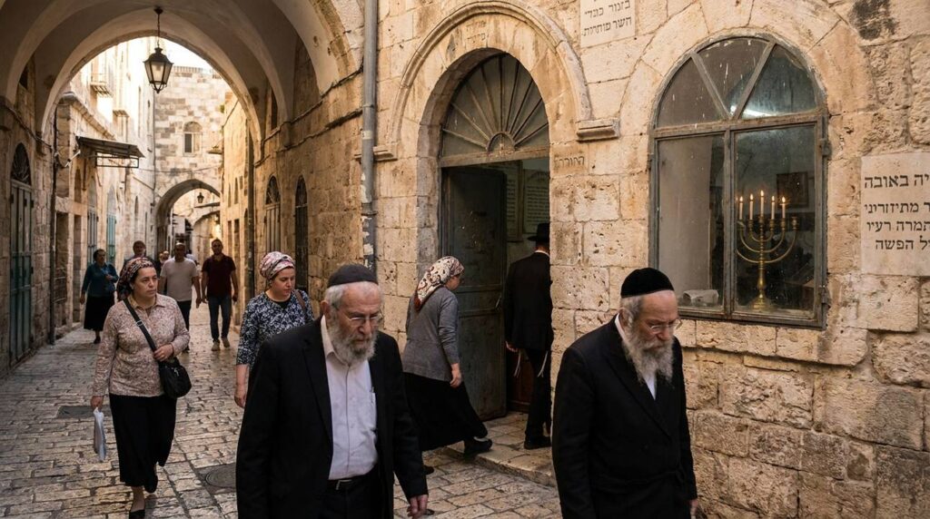 Diverse group walking toward an ancient synagogue in Jerusalem at dawn.