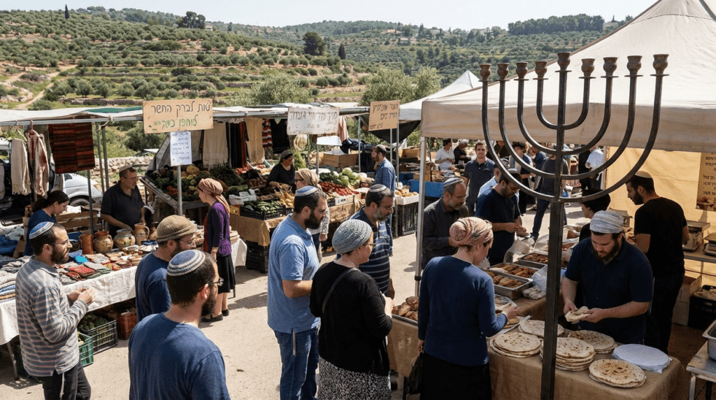 Israeli marketplace with vendors, menorah, and people in kipas and turbans.