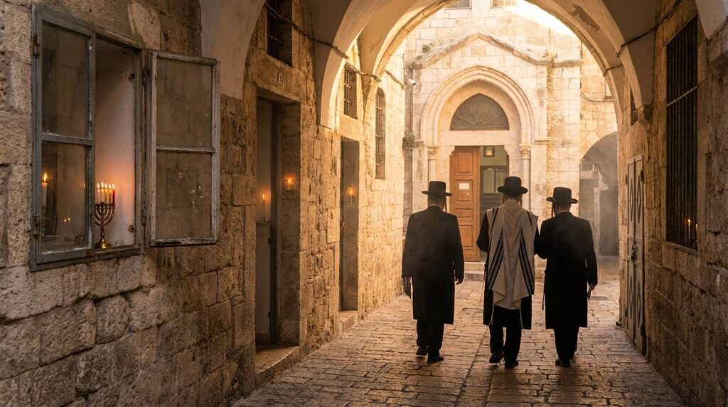 Orthodox Jewish men walking in a stone-paved alley in Jerusalem.