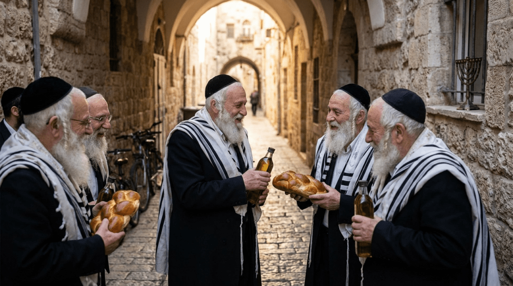 Elderly Jewish men exchanging bread and oil in Jerusalem alley.