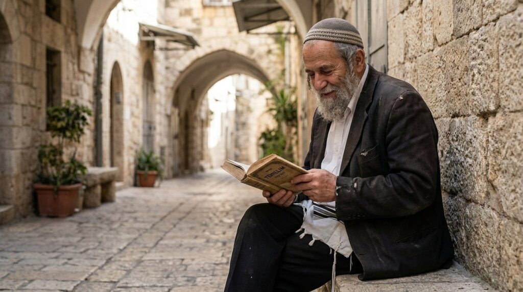 Elderly Jewish man in kippah reads Psalms in Jerusalem alleyway.