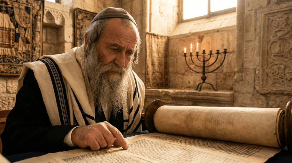 Elderly Jewish man reads Torah in stone synagogue, menorah visible.