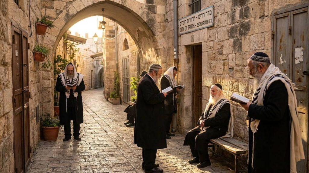 Morning light on Jerusalem street with locals in prayer.