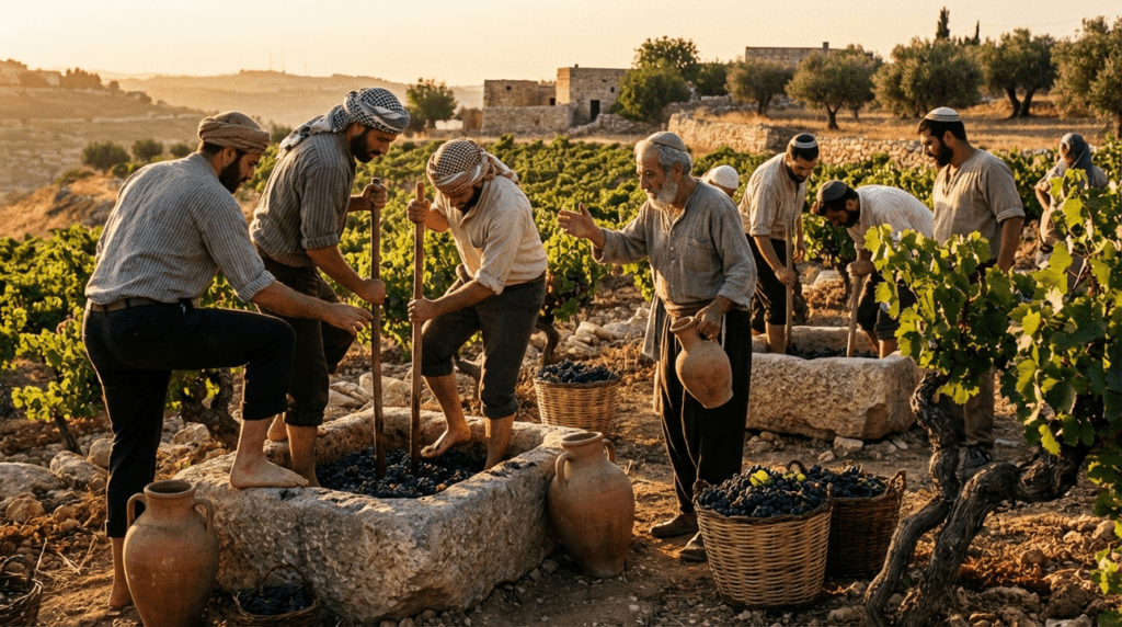 Individuals in traditional Jewish attire crushing grapes in a vineyard.