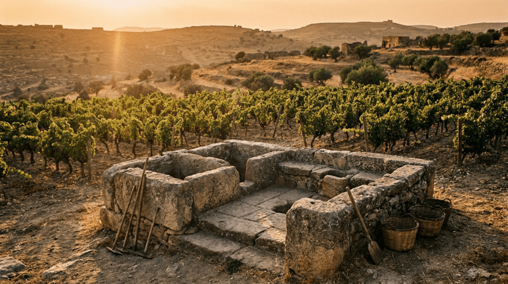 Ancient Israeli vineyard with stone wine press and rolling hills.