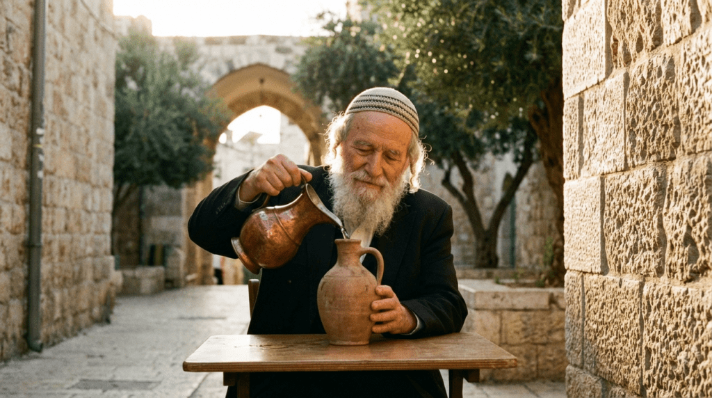 Elderly Jewish man in Jerusalem pouring water into clay jug.