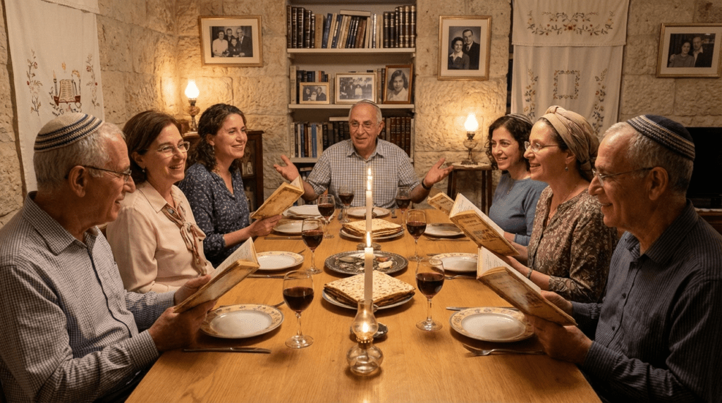 Family gathers around a traditional Passover Seder table in Jerusalem.