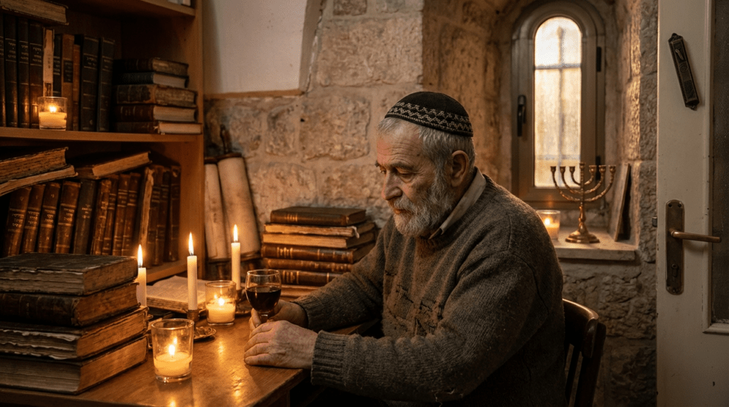 Elderly Jewish man with kippah, reflecting with wine among ancient texts.