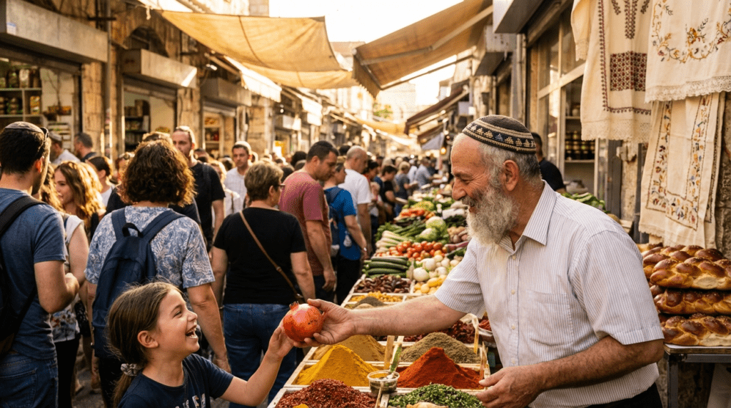 Jerusalem market scene with diverse people, produce, and cultural items.