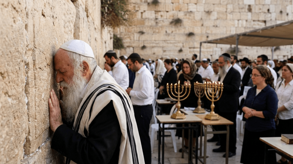Elderly Jewish man praying at the Western Wall during Yom Kippur.