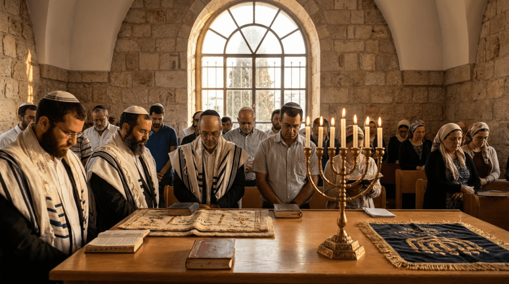 Jewish men and women praying separately in a Jerusalem synagogue.