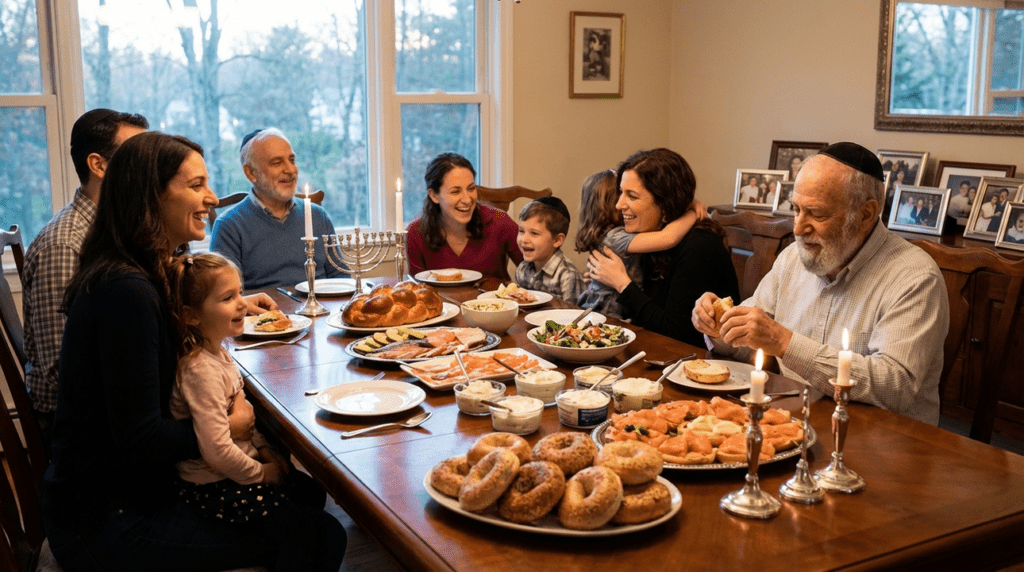 Jewish family breaking Yom Kippur fast at a candlelit table.