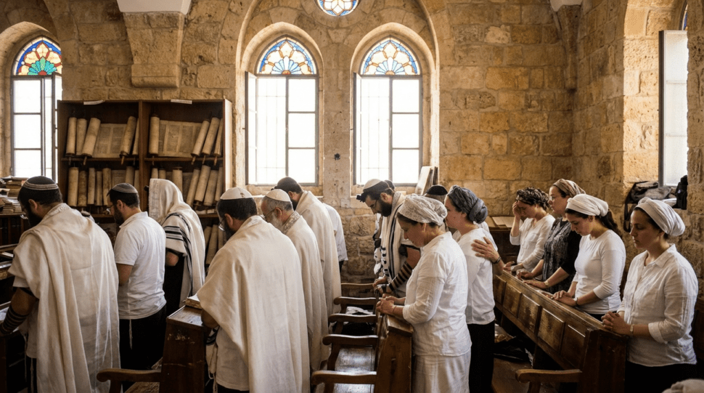 Jewish men and women praying in a historic Jerusalem synagogue.