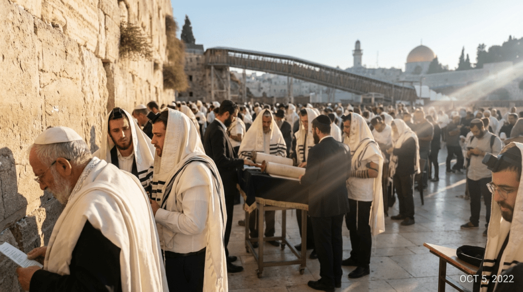 Individuals in traditional attire pray near the Western Wall at dawn.