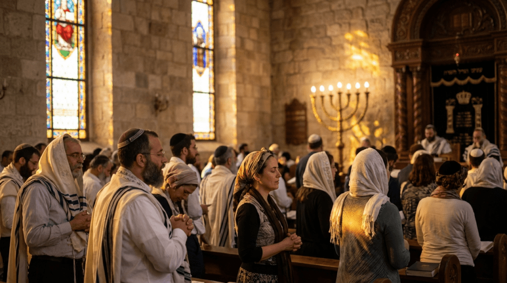 Diverse Jewish congregation praying in synagogue during Yom Kippur.