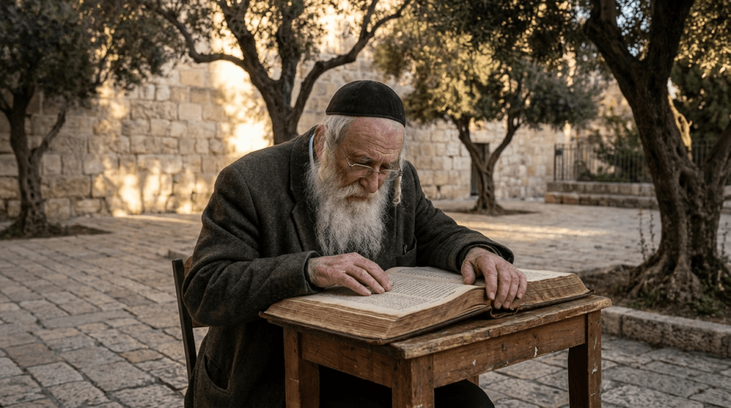 Elderly Jewish man studying Zohar outside a stone synagogue at sunset.