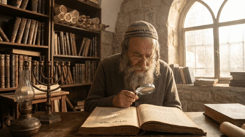 Elderly Jewish scholar studying Sefer Yetzirah in traditional study room.