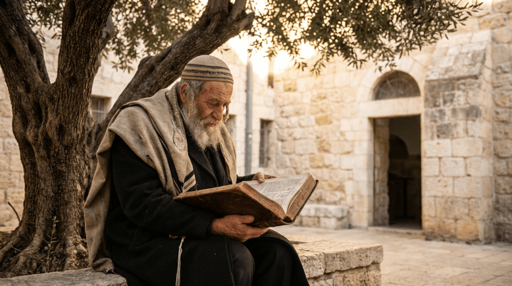 Elderly Jewish man reading Kabbalistic text under an olive tree in Jerusalem.