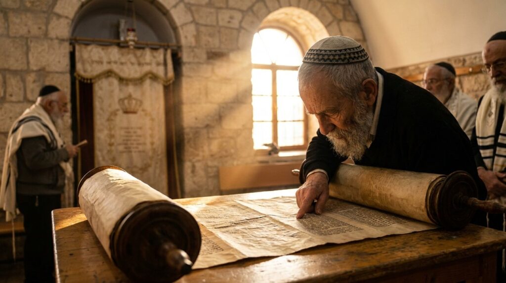 Elderly man wearing kippah reads Torah in sunlit Jerusalem synagogue.
