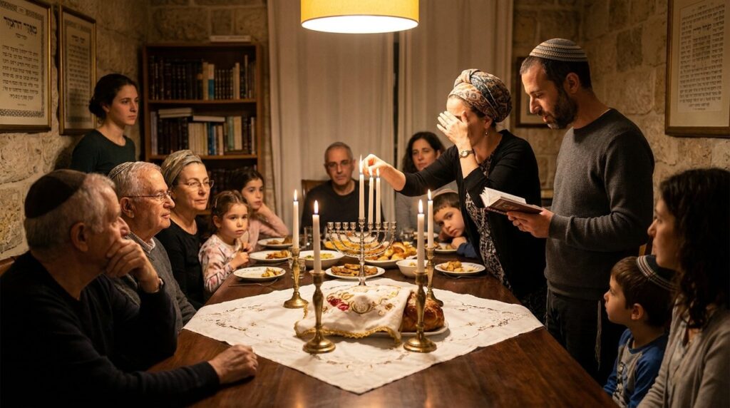 Jewish family gathers around Shabbat table as woman lights candles.