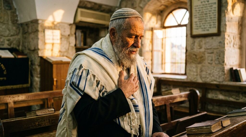 Elderly Jewish man praying in a Jerusalem synagogue, wearing tallit.