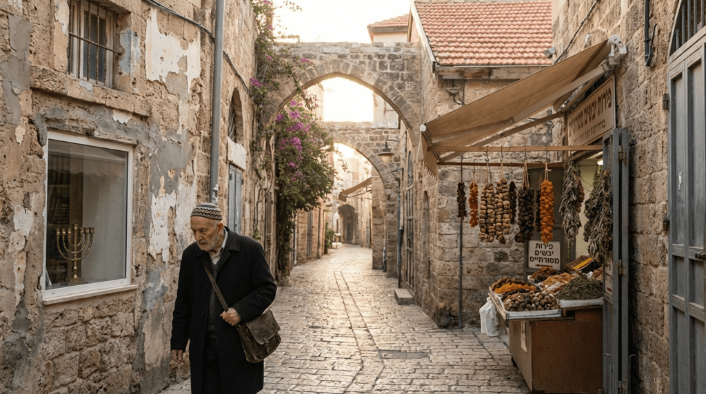 Early morning in Joppa; person with kippah, menorah visible, dried fruits hanging.