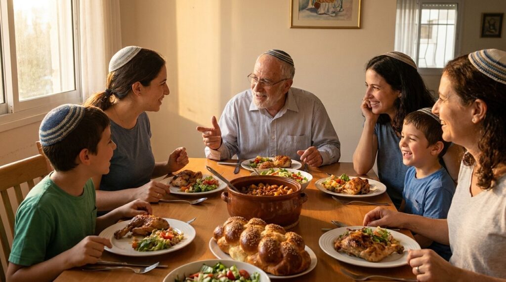 Israeli family enjoying Shabbat dinner with traditional dishes in a warmly lit room.