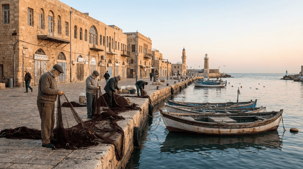 Sunrise at Joppa's ancient stone docks with fishermen and old boats.
