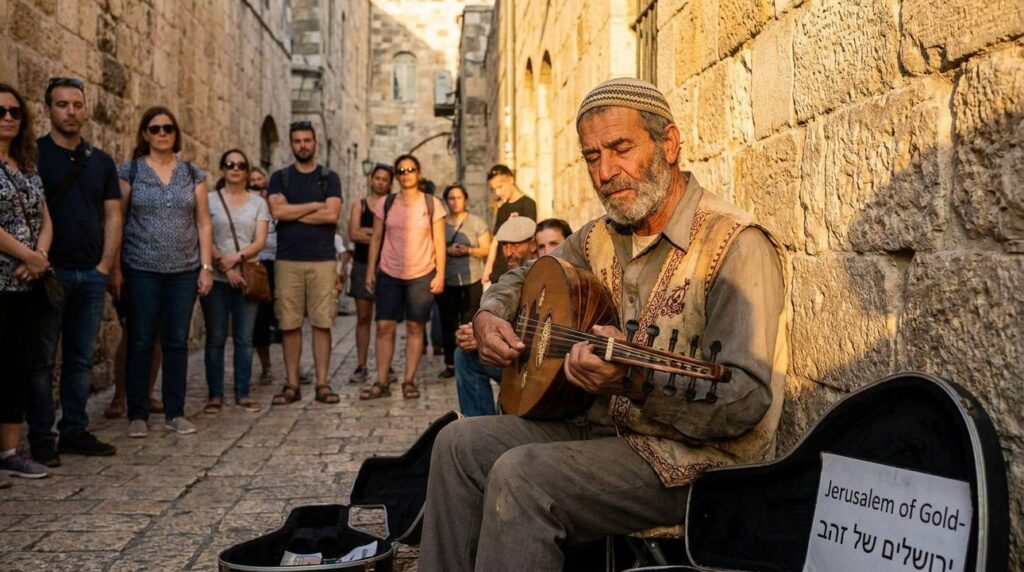 Street musician in Jerusalem plays oud near ancient stone walls.
