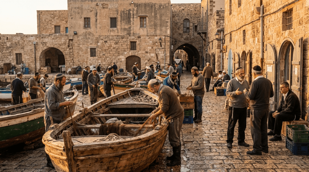 Sunrise at Joppa port with Jewish fishermen preparing boats by stone buildings.