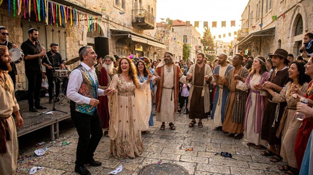 Diverse group celebrating Purim in traditional costumes on Jerusalem street.