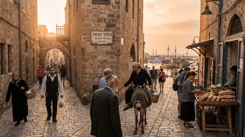 Sunrise over Joppa, showing busy streets and ancient stone buildings.