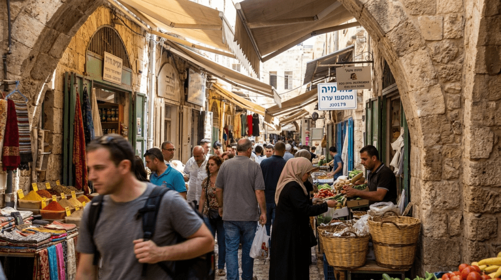Market scene in Jaffa with vendors, shoppers, and ancient architecture.