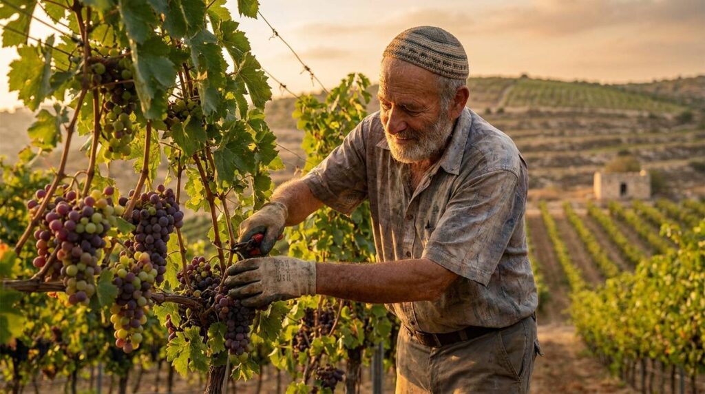 Elderly Jewish man tending grapevines in an Israeli vineyard at sunset.