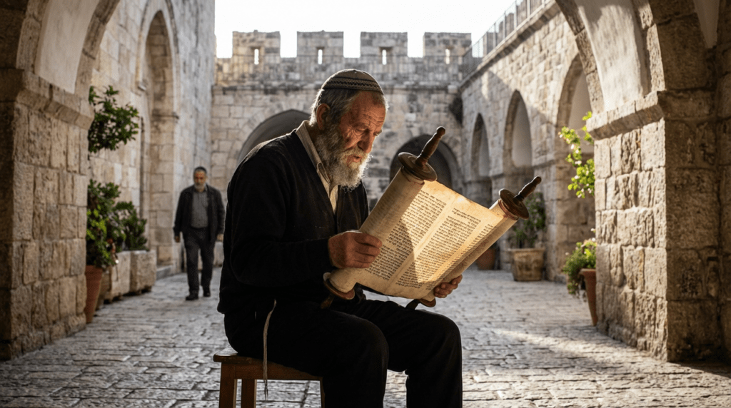 Elderly man in kippah reading Torah by stone synagogue in Jerusalem.