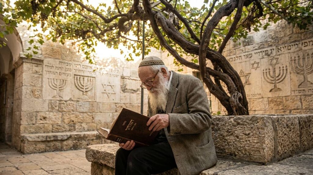 Elderly Jewish man reading Zohar under grapevine in Jerusalem courtyard.