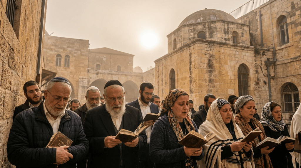 Group of Jewish men and women praying in a Jerusalem synagogue.