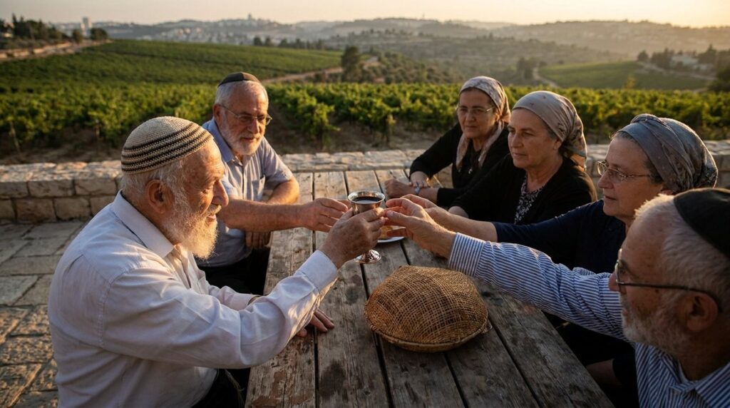 Jewish Kiddush ceremony with elderly participants at a wooden table.