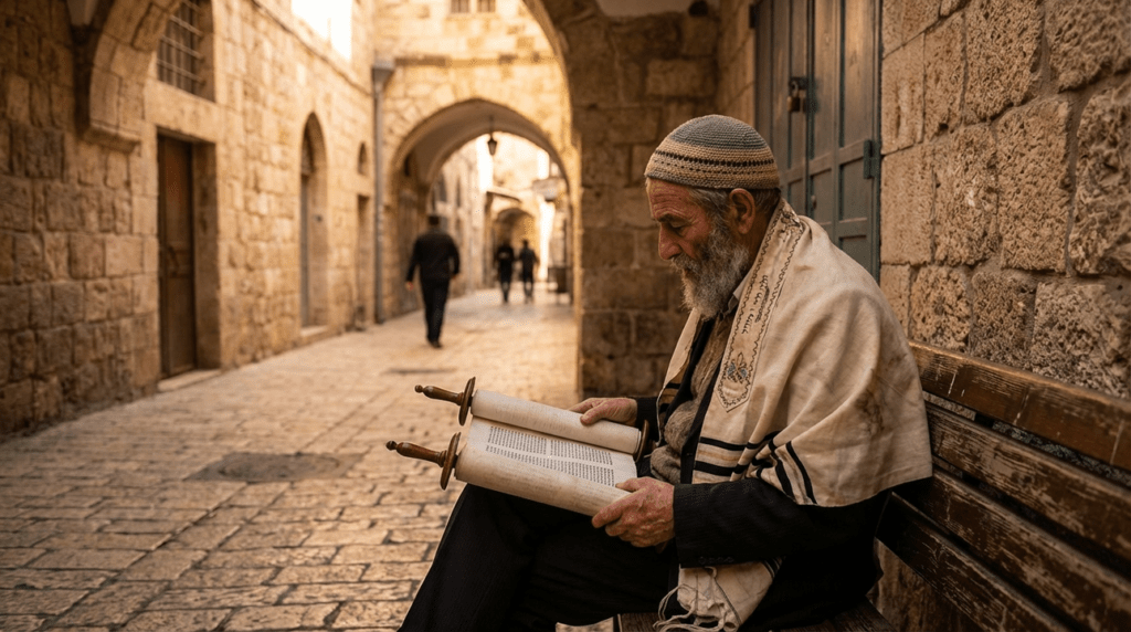 Elderly man in kippah reading Torah scroll at dawn in Jerusalem.