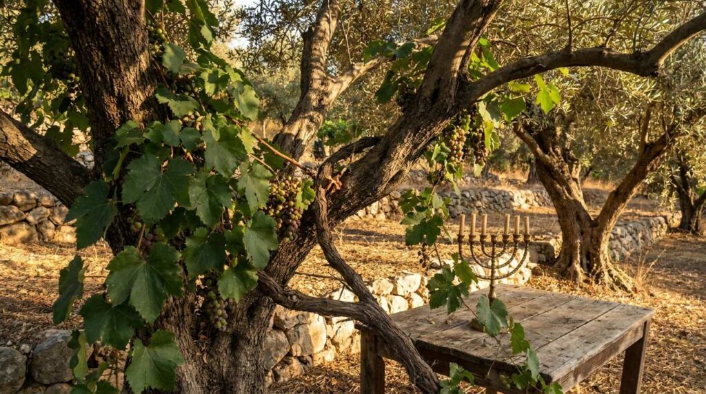 Vines intertwine around olive trees with a menorah on a table.