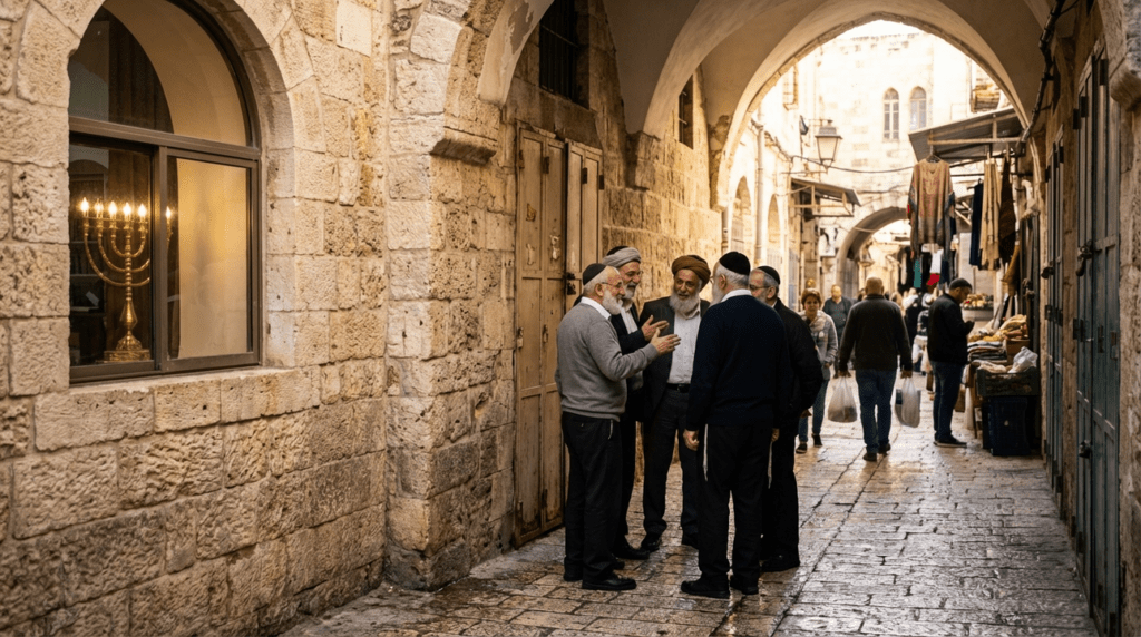 Jerusalem residents conversing in stone-paved alley, menorah visible.