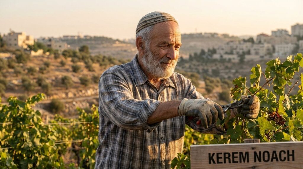 Elderly Jewish man pruning vines in a Jerusalem vineyard at dawn.