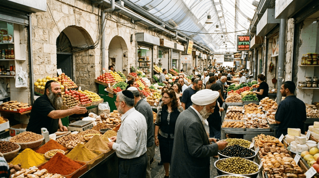 Bustling Mahane Yehuda Market with colorful stalls and diverse shoppers.