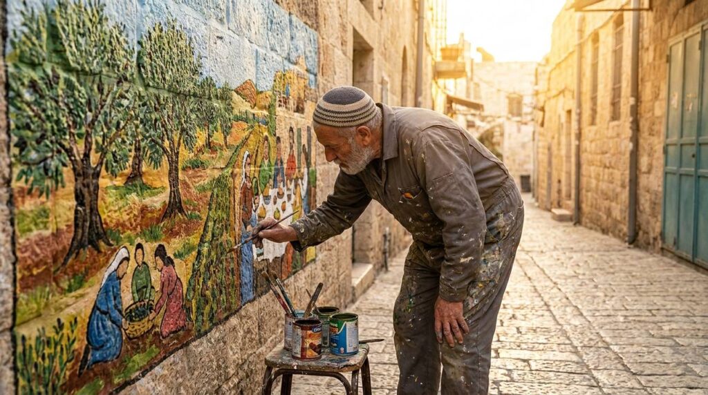 Elderly man in kippah painting a mural in Jerusalem alley.
