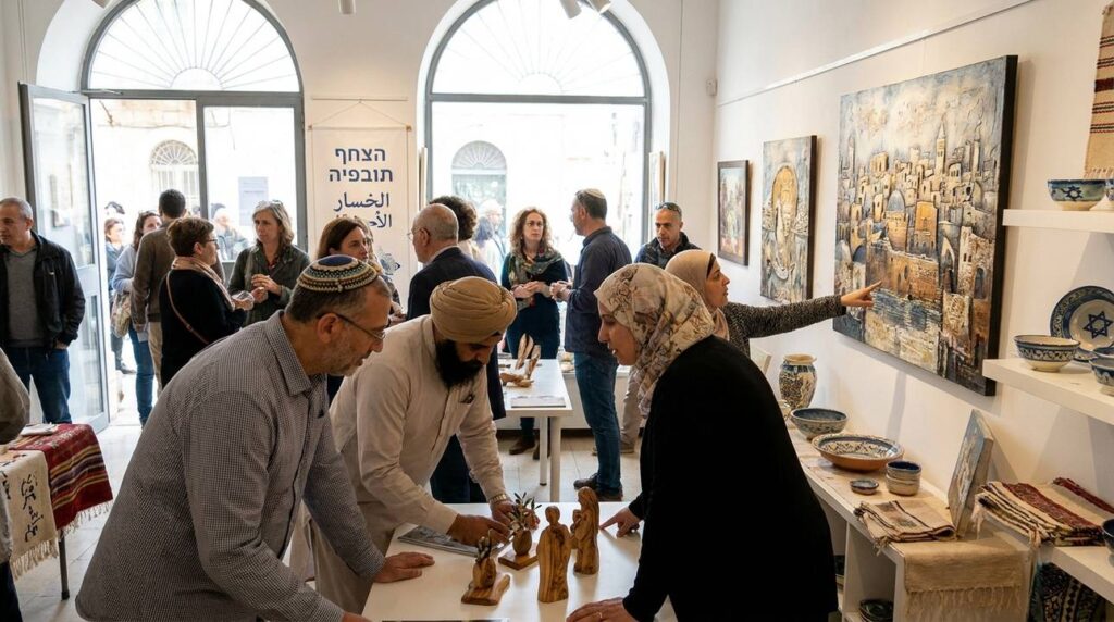 Art gallery in Jerusalem with diverse attendees examining Israeli artworks.