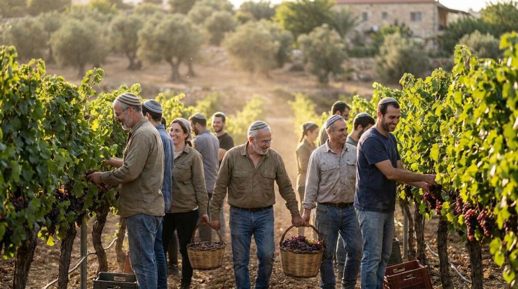 Workers hand-picking grapes in a vineyard at sunset in Israel.