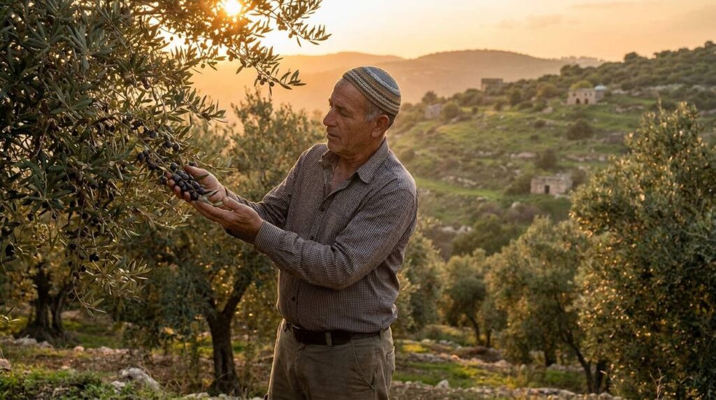 Israeli farmer inspects olives in grove at sunset.