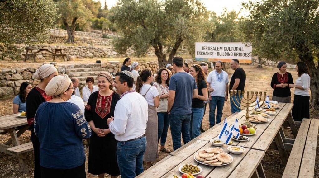 Diverse group conversing at cultural exchange in Israeli olive grove.