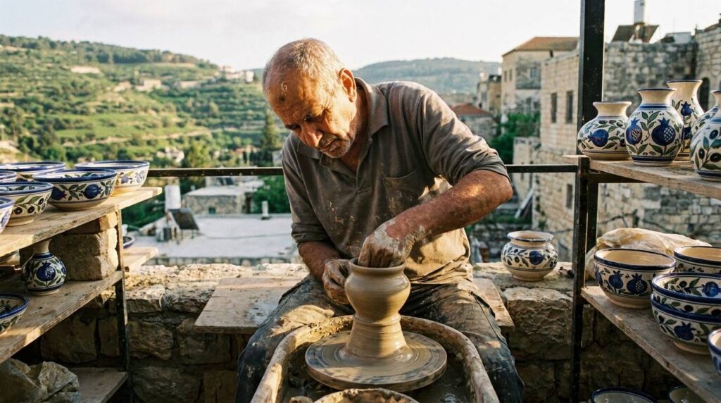 Potter in Safed, Israel, shapes clay on wheel outdoors.